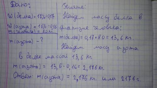Массовая доля белка в организме человека составляет 17 % от массы тела. массовая доля азота в белке 