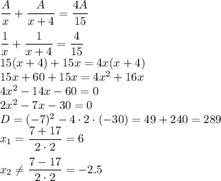  \dfrac{A}{x}+ \dfrac{A}{x+4} = \dfrac{4A}{15} 
\\\\
 \dfrac{1}{x}+ \dfrac{1}{x+4} = \dfrac{4}{15} 
\\\
15(x+4)+15x=4x(x+4)
\\\
15x+60+15x=4x^2+16x
\\\
4x^2-14x-60=0
\\\
2x^2-7x-30=0
\\\
D=(-7)^2-4\cdot2\cdot(-30)=49+240=289
\\\
x_1= \dfrac{7+17}{2\cdot2} =6 
\\\\
x_2 \neq \dfrac{7-17}{2\cdot2} =-2.5