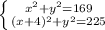 \left \{ {{ x^{2} + y^{2} = 169} \atop { (x+4)^{2} + y^{2} =225}} \right.