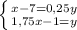 \left \{ {{x-7=0,25y} \atop {1,75x-1=y}} \right.