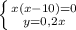 \left \{ {{x(x-10)=0} \atop {y=0,2x} \right.