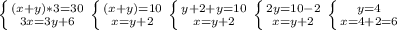 \left \{ {{(x+y)*3=30} \atop {3x=3y+6}} \right. \left \{ {{(x+y)=10} \atop {x=y+2}} \right. 
\left \{ {{y+2+y=10} \atop {x=y+2}} \right. \left \{ {{2y=10-2} \atop {x=y+2}} \right.
\left \{ {{y=4} \atop {x=4+2=6}} \right.