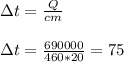 \зt = \frac{Q}{cm}
\\\\\з t = \frac{690000}{460*20}=75