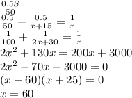 \frac{0.5S}{50}\\
\frac{0.5}{50}+\frac{0.5}{x+15}=\frac{1}{x}\\ \frac{1}{100}+\frac{1}{2x+30}=\frac{1}{x}\\ 2x^2+130x=200x+3000\\ 2x^2-70x-3000=0\\ (x-60)(x+25)=0\\ x=60 