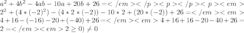 a^{2}+4b^{2}-4ab-10a+20b+26=</em</p <p </p <p<em2^{2}+(4*(-2)^{2})-(4*2*(-2))-10*2+(20*(-2))+26=</em<em4+16-(-16)-20+(-40)+26=</em<em4+16+16-20-40+26= 2=</em<em2\geq0)\neq0
