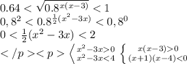 0.64<\sqrt{0.8^{x(x-3)}}<1\\ 0,8^2<0.8^{\frac{1}{2}(x^2-3x)}<0,8^0\\ 0<\frac{1}{2}(x^2-3x)<2\\</p <p\left \0<x^2-3x0} \atop {x^2-3x<4}}\\ \right \left \{ {{x(x-3)0} \atop {(x+1)(x-4)<0}} \right