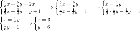 \begin{cases} \frac13x+\frac56y=2x\\ \frac43x+\frac34y=y+1 \end{cases}\Rightarrow \begin{cases} \frac53x=\frac56y\\ \frac43x-\frac14y=1 \end{cases}\Rightarrow \begin{cases} x=\frac12y\\ \frac43\cdot\frac12y-\frac14y=1 \end{cases}\\ \begin{cases} x=\frac12y\\ \frac16y=1 \end{cases}\Rightarrow \begin{cases} x=3\\ y=6 \end{cases}