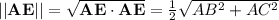 ||\mathbf{AE}|| = \sqrt{\mathbf{AE} \cdot \mathbf{AE}} = \frac{1}{2}\sqrt{AB^2 + AC^2}