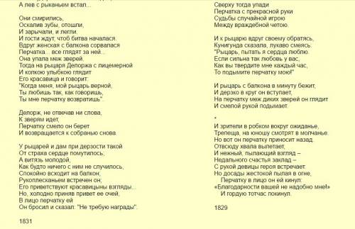 Итак,перед вами шиллера перчатка. мы предлагаем вам прочитать и сравнить два перевода,сделанные в