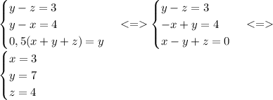 \begin{cases} y-z=3 \\y-x=4 \\ 0,5(x+y+z)=y \end{cases} <=\begin{cases} y-z=3 \\-x+y=4 \\ x-y+z=0 \end{cases} <=\\
\begin{cases} x=3 \\ y=7 \\ z=4 \end{cases}