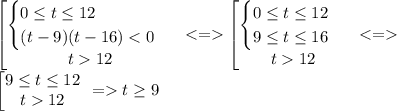 \left[ \begin{matrix} \begin{cases} 0 \leq t \leq 12 \\ (t-9)(t-16)<0 \end{cases} \\ t 12 \end{matrix}\right\ <=
\left[ \begin{matrix} \begin{cases} 0 \leq t \leq 12 \\ 9 \leq t \leq 16 \end{cases} \\ t12 \end{matrix}\right\ 
<=\\
\left[ \begin{matrix} 9 \leq t \leq 12 \\ t 12 \end{matrix}\right\ 
= t \geq 9