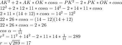 AK^2+2*AK*OK*cos \alpha=PK^2-2*PK*OK*cos \alpha \\
12^2+2*12*11*cos \alpha=14^2-2*14*11*cos \alpha\\ 
2*11*(14+12)*cos \alpha=14^2-12^2\\
22*26*cos \alpha=(14-12)(14+12)\\ 22*26*cos \alpha=2*26\\ cos\ \alpha= \frac{1}{11}\\
r^2=11^2+14^2-2*11*14*\frac{1}{11}=289\\ r=\sqrt{289}=17