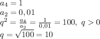 \\a_4=1
\\a_2=0,01
\\q^2=\frac{a_4}{a_2}=\frac{1}{0,01}=100, \ q0 
\\q=\sqrt{100}=10