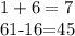 1+6=7
 
61-16=45