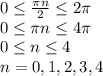 0 \leq \frac{\pi n}{2} \leq 2\pi
\\\
0 \leq \pi n \leq 4\pi
\\\
0 \leq n \leq 4
\\\
n=0, 1, 2, 3, 4