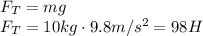F_T=mg
\\\
F_T=10kg\cdot 9.8m/s^2=98H
