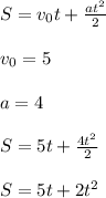 S= v_0t+ \frac{at^2}{2} 
\\\\v_0=5
\\\\a=4
\\\\S=5t+\frac{4t^2}{2}
\\\\S=5t+2t^2