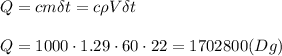 Q=cm\delta t=c\rho V\delta t
\\\\
Q=1000\cdot1.29\cdot60\cdot22=1702800(Dg)