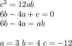 c^2=12ab\\
6b-4a+c=0\\
6b-4a=ab\\
\\
a=3\ b=4\ c=-12