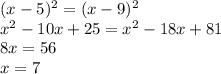 (x-5)^2=(x-9)^2\\
 x^2-10x+25=x^2-18x+81\\
 8x=56\\
 x=7