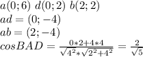 a(0;6)\ d(0;2) \ b(2;2)\\ ad= (0;-4)\\ ab= (2;-4)\\ cosBAD=\frac{ 0*2+4*4}{\sqrt{4^2}*\sqrt{2^2+4^2}} = \frac{2}{\sqrt{5}}