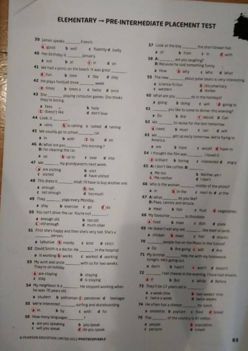 Elementary pre intermediate placement test​