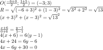 O(\frac{-6+0}{2};\frac{1+5}{2}) = (-3;3)\\
R= \sqrt{(-6+3)^2+(1-3)^2}=\sqrt{3^2+2^2}=\sqrt{13}\\
(x+3)^2+(x-3)^2=\sqrt{13}^2\\
\\
\frac{x+6}{0+6}=\frac{y-1}{5-1}\\
4(x+6)=6(y-1)\\
4x+24=6y-6\\
4x-6y+30=0