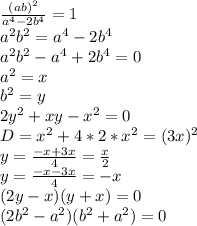 \frac{(ab)^2}{a^4-2b^4}=1\\
a^2b^2=a^4-2b^4\\
a^2b^2-a^4+2b^4=0\\
a^2=x\\
b^2=y\\
2y^2+xy-x^2=0\\
D=x^2+4*2*x^2=(3x)^2\\
y=\frac{-x+3x}{4}=\frac{x}{2}\\
y=\frac{-x-3x}{4}=-x\\
(2y-x)(y+x)=0\\
(2b^2-a^2)(b^2+a^2)=0\\
