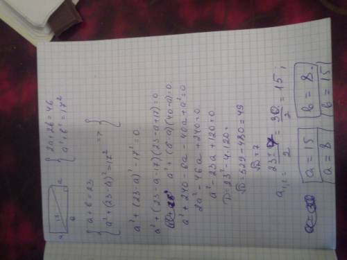 Диагональ прямоугольника равна 17 см, его периметр равен 46 см.найдите стороны прямоугольника. решит