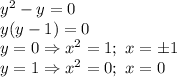 y^2-y=0 \\\ y(y-1)=0 \\\ y=0\Rightarrow x^2=1; \ x=\pm1 \\\ y=1\Rightarrow x^2=0; \ x=0