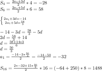 S_{4}=\frac{2a_{1}+3d}{2}*4=-28\\
S_{6}=\frac{2a_{1}+5d}{2}*6=58\\
\\
 \left \{ {{2a_{1}+3d = -14} \atop { 2a_{1}+5d = \frac{58}{3}}} \right. \\
\\
-14-3d=\frac{58}{3}-5d\\
2d=\frac{58}{3}+14\\
d=\frac{58+14*3}{6}\\
d=\frac{50}{3}\\
a_{1}=\frac{-14-3*\frac{50}{3}}{2}=\frac{-14-50}{2}=-32\\
\\
S_{16}=\frac{2*-32+15*\frac{50}{3}}{2}*16= (-64+250)*8=1488