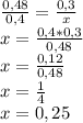 \frac{0,48}{0,4} = \frac{0,3}{x} \\ 
x= \frac{0,4 * 0,3}{0,48} \\ 
x= \frac{0,12}{0,48} \\ 
x= \frac{1}{4} \\ 
x=0,25