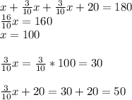 x+ \frac{3}{10}x+ \frac{3}{10}x+20=180 \\ \frac{16}{10}x=160 \\ x=100 \\ \\ \frac{3}{10}x=\frac{3}{10}*100=30 \\ \\ \frac{3}{10}x+20=30+20=50 