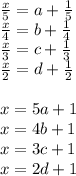 \frac{x}{5}=a+\frac{1}{5}\\
\frac{x}{4}=b+\frac{1}{4}\\
\frac{x}{3}=c+\frac{1}{3}\\
\frac{x}{2}=d+\frac{1}{2}\\\\
x=5a+1\\
x=4b+1\\
x=3c+1\\
x=2d+1\\\\

