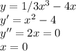 y=1/3x^3-4x\\
y'=x^2-4\\
y''=2x=0\\
x=0