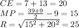 CE=7+13=20\\
 MP=\frac{39+9}{2}-9=15\\
R=\sqrt{15^2+20^2}=25