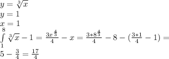 y=\sqrt[3]{x}\\
y=1\\
 x=1\\
 \int\limits^8_1 {\sqrt[3]{x}-1} = \frac{3x^{\frac{4}{3}}}{4}-x=\frac{3*8^{\frac{4}{3}}}{4}-8-(\frac{3*1}{4}-1)=\\
 5-\frac{3}{4}=\frac{17}{4}