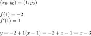 (x_{0};y_{0})=(1;y_{0})\\\\
f(1)=-2\\
f'(1)=1\\\\
 y=-2+1(x-1)=-2+x-1=x-3