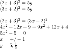 (2x+3)^2=5y\\
(3x+2)^2=5y\\\\
(2x+3)^2=(3x+2)^2\\
4x^2+12x+9=9x^2+12x+4\\
 5x^2-5=0\\
 x=+/-1\\
 y=5;\frac{1}{5}
