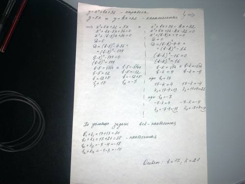 Известно,что прямые y=5x и y=kx+32 касаются параболы y=x^2+bx+36.среди всех возможных значений коэфф