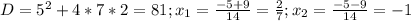 D=5^2+4*7*2=81; x_1= \frac{-5+9}{14}= \frac{2}{7}; x_2= \frac{-5-9}{14}=-1
