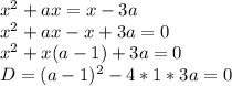x^2+ax=x-3a\\
x^2+ax-x+3a=0\\ 
x^2+x(a-1)+3a=0\\ 
D=(a-1)^2-4*1*3a=0