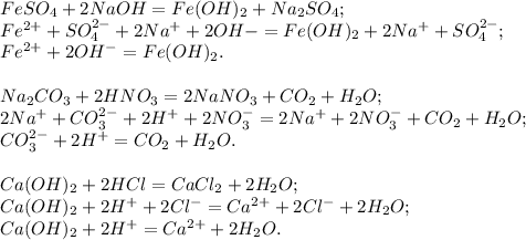 FeSO_4 + 2NaOH = Fe(OH)_2 + Na_2SO_4; \\ 
Fe^{2+} + SO_4^{2-} + 2Na^{+} + 2OH{-} = Fe(OH)_2 + 2Na^{+} + SO_4^{2-}; \\ 
Fe^{2+} + 2OH^{-} = Fe(OH)_2. \\ \\ 
Na_2CO_3 + 2HNO_3 = 2NaNO_3 + CO_2 + H_2O; \\ 
2Na^{+} + CO_3^{2-} + 2H^{+} + 2NO_3^{-} = 2Na^{+} + 2NO_3^{-} + CO_2 + H_2O; \\ 
CO_3^{2-} + 2H^{+} = CO_2 + H_2O. \\ \\ 
Ca(OH)_2 + 2HCl = CaCl_2 + 2H_2O; \\ 
Ca(OH)_2 + 2H^{+} + 2Cl^{-} = Ca^{2+} + 2Cl^{-} + 2H_2O; \\ 
Ca(OH)_2 + 2H^{+} = Ca^{2+} + 2H_2O.