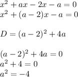 x^2+ax-2x-a=0\\
x^2+(a-2)x-a=0\\\\D=(a-2)^2+4a\\\\(a-2)^2+4a=0\\a^2+4=0\\a^2=-4