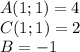 A(1;1)=4\\
C(1;1)=2\\
B=-1