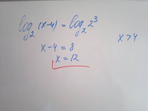 Решите уравнение : log (внизу 2) (х-4)=3 укажите наименьшее целое число, являющееся решением неравен