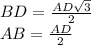 BD=\frac{AD \sqrt{3}}{2}\\ 
AB = \frac{AD}{2}