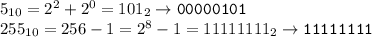 5_{10}=2^2+2^0=101_{2}\to\mathtt{00000101}\\
255_{10} = 256-1=2^8-1=11111111_2\to\mathtt{11111111}