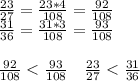 \frac{23}{27} = \frac{23*4}{108} = \frac{92}{108}\\ \frac{31}{36}= \frac{31*3}{108}= \frac{93}{108} \\ \\ \frac{92}{108}