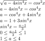 \sqrt{a-4 sin^{4} x} =cos^{2}x \\ a-4sin^4x=cos^4x \\ a=cos^4x+4sin^4x \\ a=1+3sin^4x 
\\ sin^4x=\frac{a-1}{3} \\ 0 \leq \frac{a-1}{3} \leq 1 \\ 1\leq a \leq 4